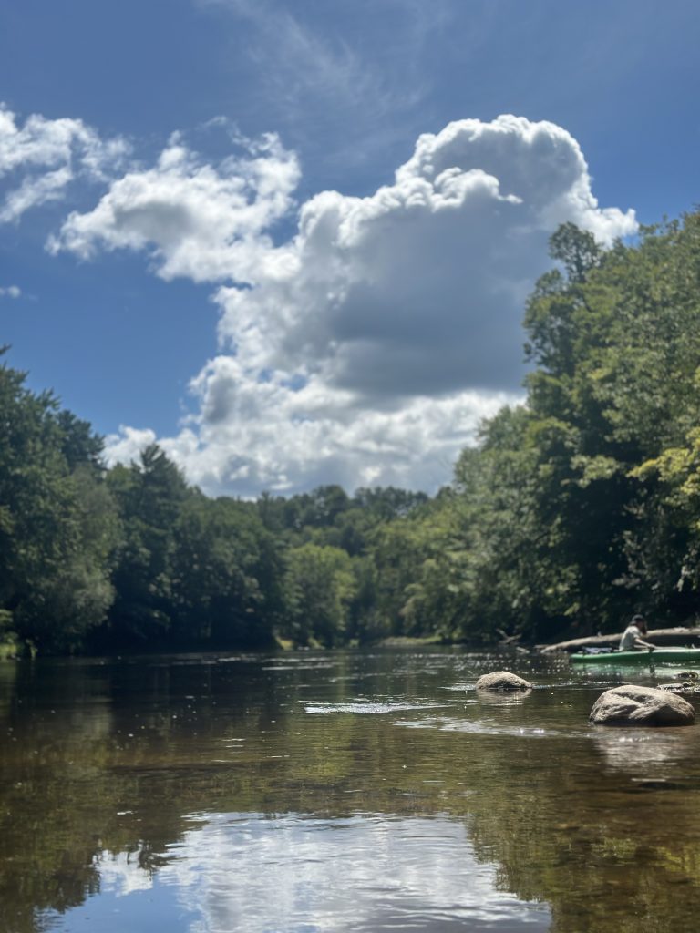 A kayaker enjoys the Muskegon River by Riverside Park in Big Rapids